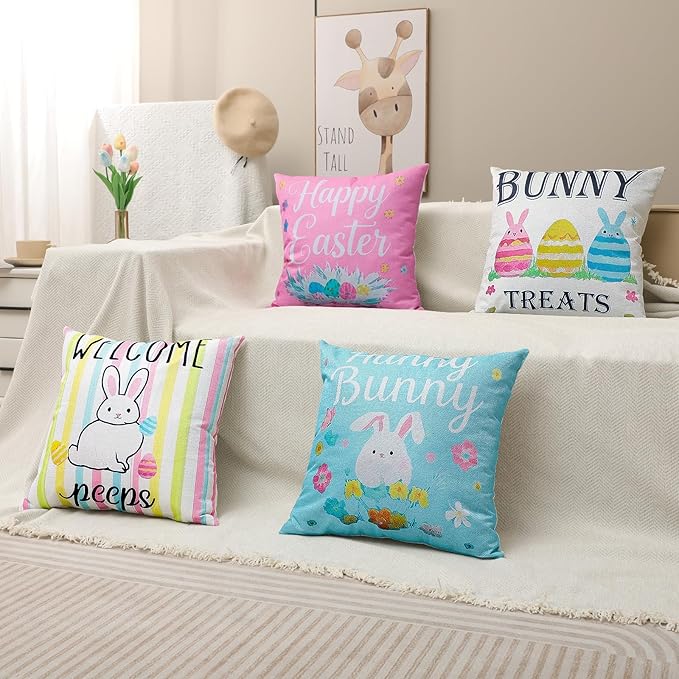 Easter Pillow Covers 18 x 18 Inch,Easter Decorations for Home,Set of 4 Happy Easter Hunny Bunny Pink Blue Decorative Throw Pillow Covers Spring Farmhouse Decor
