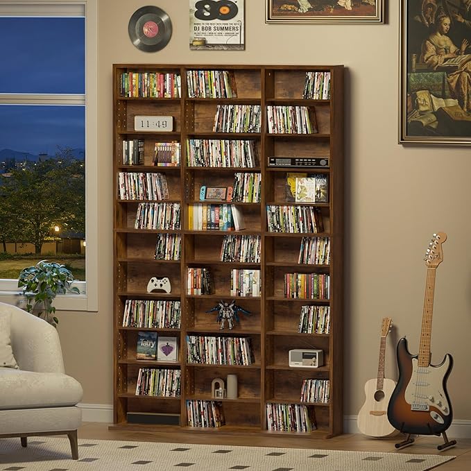 LELELINKY 11 Tier Tall Display Cabinet, Brown Media Storage Cabinet with Adjustable Shelves, Free Standing DVD Organizer Shelf, Floor Multimedia Storage Manga Bookshelf for Living Room & Home Office.