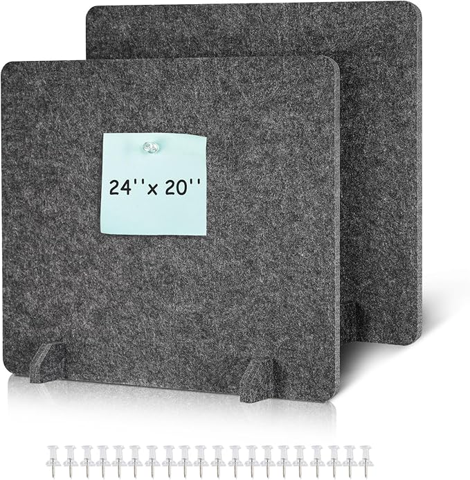 DOLLAR BOSS 2PCS Acoustic Desk Dividers 24" x 20", Soundproof Freestanding Privacy Panels for Table, Noise Reducing Desktop Partition for Office, Home, Classroom, Study Area with 20 Pushpins,Grey