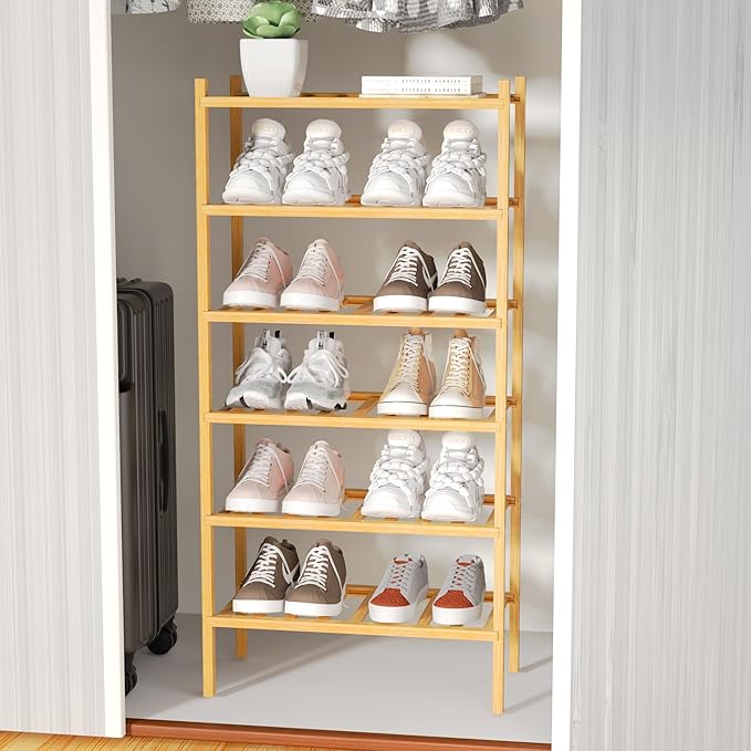 6-Tier Bamboo Small Shoe Rack, Free Standing Wood Shoe Shelf Storage Organizer for Closet Entryway Stackable (Natural)