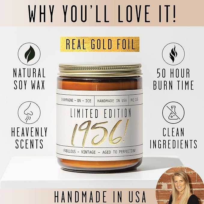 69th Birthday Gifts for Women - 'Limited Edition 1956' Soy Candle, w/Champagne on Ice I 69 Birthday Gifts for Women I 69th Gift for Her Ideas I 9oz Reusable Jar, 50Hr Burn, Made in USA