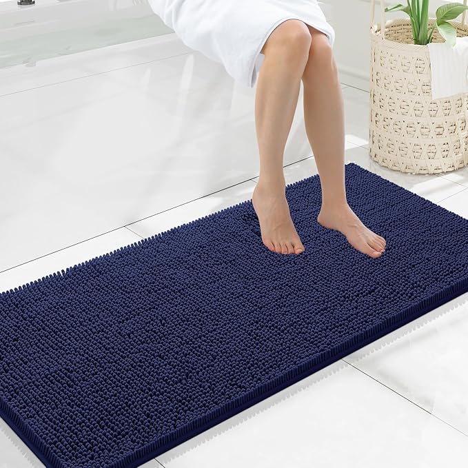 Smiry Luxury Chenille Bathroom Rugs 47x20, Extra Soft and Absorbent Shaggy Bath Mat, Machine Washable, Non-Slip Plush Carpet Runner for Tub, Shower, and Floor, Home Decor Accessories, Navy Blue