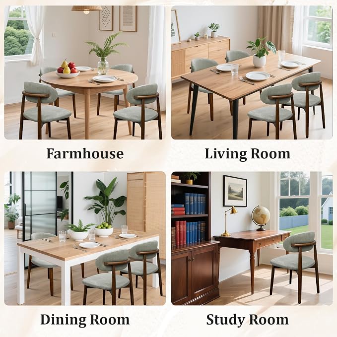 Farmhouse Dining Chairs Set of 6, Mid Century Modern Fabric Upholstered Kitchen Chairs, Wooden Dining Room Chair with Curved Back for Kitchen Dining Room Restaurant Cafe, Light Green (Only Chairs)