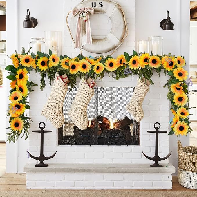 4 Pack Sunflower Garland Fall Girasoles Decorations,7.5ft Silk Artificial Sunflowers Fake Hanging Vines with Green Leaves Garland for Birthday Backdrop Outdoor Wedding Decor