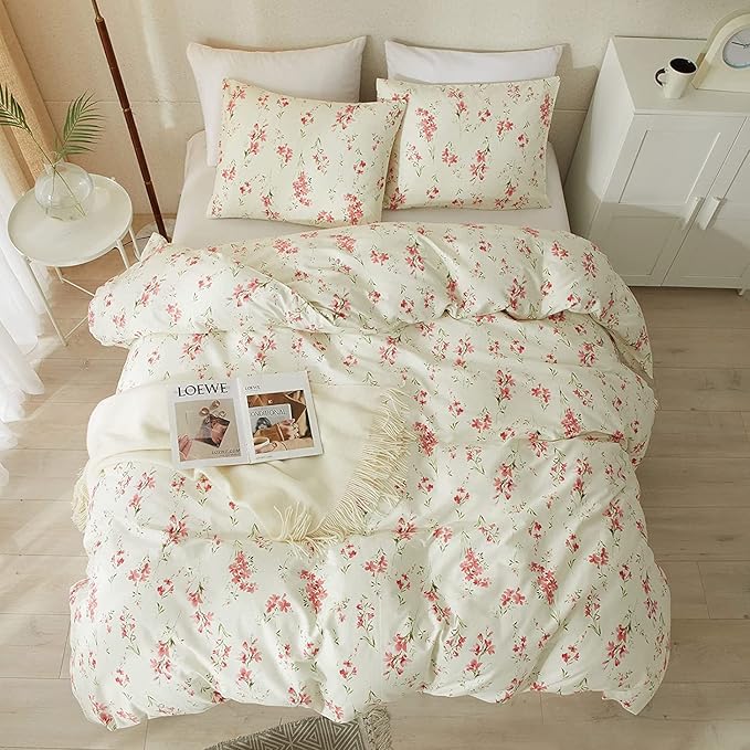 Boho Floral Duvet Cover King Soft Cotton Pink Floral Bedding Set King Chic Garden Style Cute Flower Pattern Duvet Cover Vintage Floral Botanical Comforter Cover 1 King Duvet Cover with 2 Pillowcases