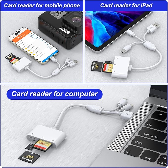 XD Card Reader, 3-in-1 SD/TF/XD Card Adapter - Lightning + USB A + USB C SD Card Reader Plug & Play, OTG Memory Card Reader for iPhone 17/16/15/14/iPad/PC/Android