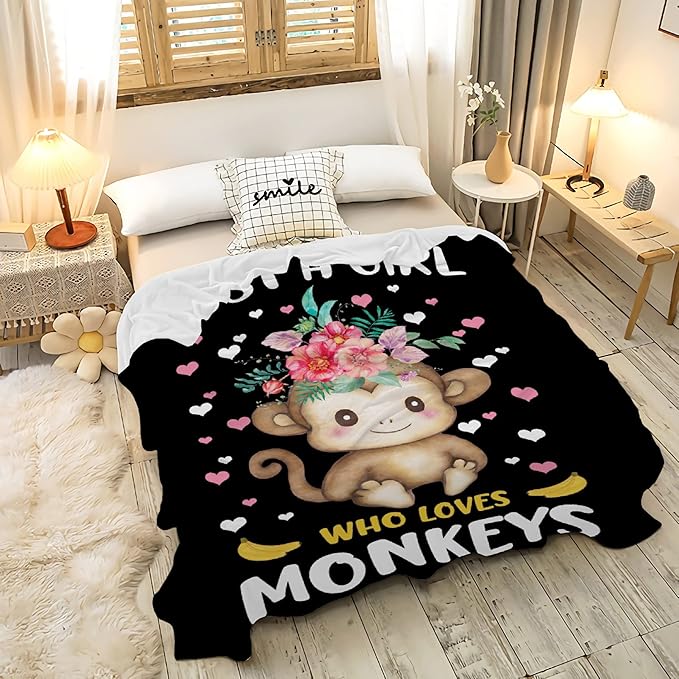 Just A Girl Who Loves Monkeys Blanket Lightweight Cozy Flannel Fleece Throw Blanket Best Gift Home Decor for Bed Couch Outdoor Camping 50"x40" S for Kids