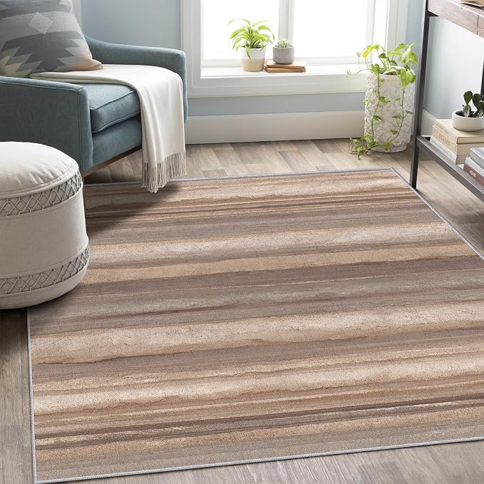 Natural Stripe Rustic Area Rug, Beige Brown Pattern Carpet, Washable Non Slip Low Pile Soft Thin, Living Room Bedroom Dining Room Home Decor Mat 6x9ft