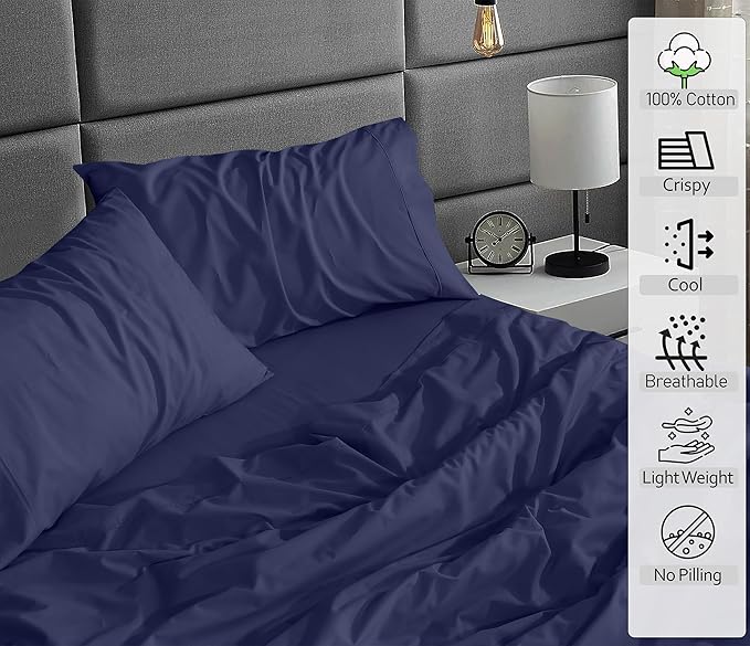 RUVANTI 100% Cotton Twin Sheets Set, 3 Pieces, Soft & Breathable Percale Weave Bedding, Deep Pocket 16", Hotel Standard, Crisp Cool Feel, Durable, Perfect Dyed Bed Sheet, Crown Blue