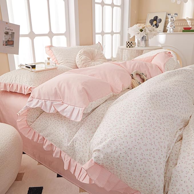 Pink Floral Duvet Cover Queen Chic Flower Print Ruffle Duvet Cover Cotton Lace Comforter Cover Country Style Floral Bedding Set Girls Ruffle Comforter Cover Flower Queen Duvet Cover with 2 Pillowcases