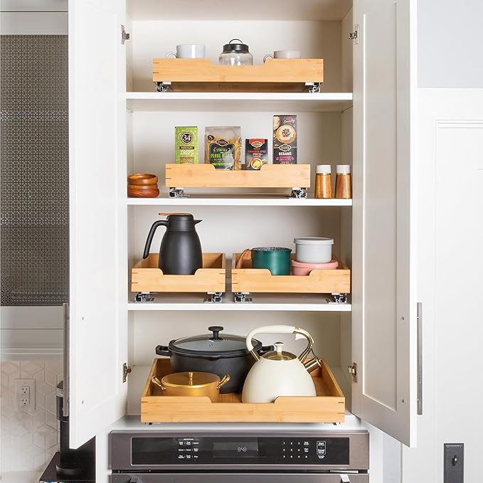 HOLDN’ STORAGE Bamboo Wooden Pull out Cabinet Organizer. 22" W x 21" D - Requires At Least a 23.25" W x 21" D. Cabinet Opening. W/Lifetime Limited Warranty. Bamboo Tray and Heavy gauge metal rails