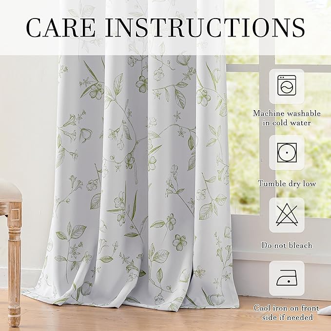 ChrisDowa 100% Blackout Floral Curtains 72 Inches Long 2 Panels for Bedroom Living Room Sage Green Flower Patterned Room Darkening Thermal Insulated Soundproof Grommet Window Treatments Drapes,52X72