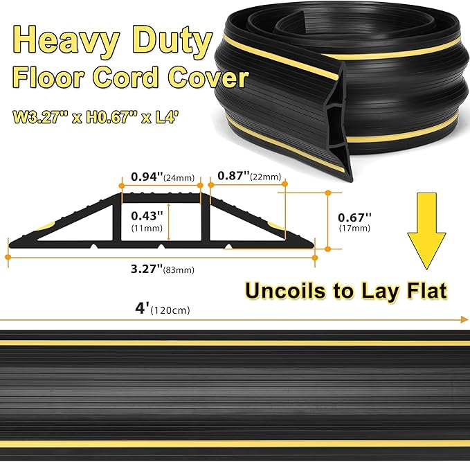 ZhiYo 4ft Cord Covers for Wires on Floor, Large Capacity Cord Hider Floor Wire Covers for Cords, Cable Protector Cable Management Prevent Cable Trips, for Home Office