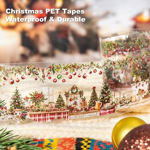 AuriicLeaf Christmas PET Tape Set - Seamless Loop Design with Snowy Villages, Festive Cats and Holiday Scenes, Includes Decorative Clip, Self-Adhesive Rolls for Scrapbook, Journal and DIY Decor