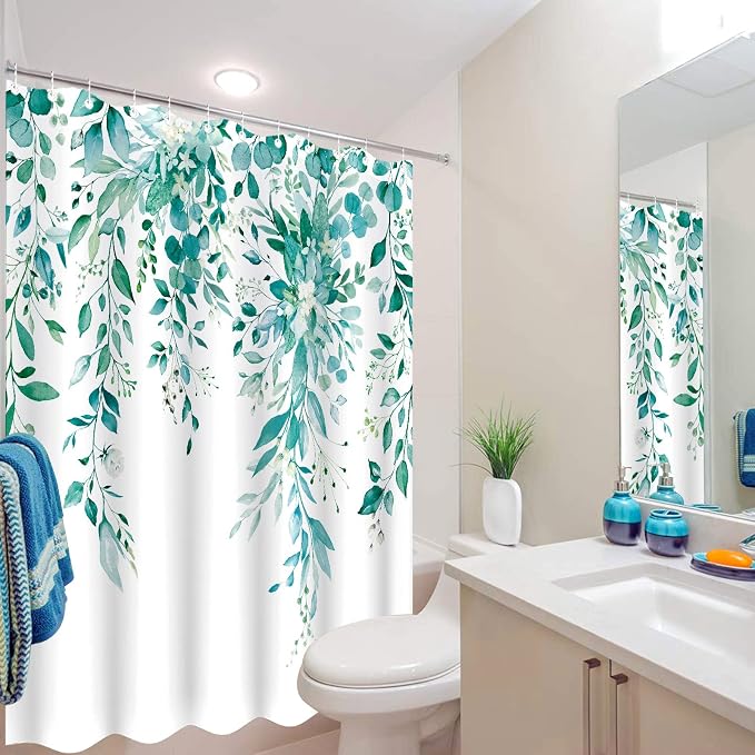 Teal Eucalyptus Shower Curtain Watercolor Floral Plant Leaf Shower Curtains for Bathroom Botanical Flower Waterproof Fabric Bath Curtain Decor with Hooks (Teal, 72'' x 72'')