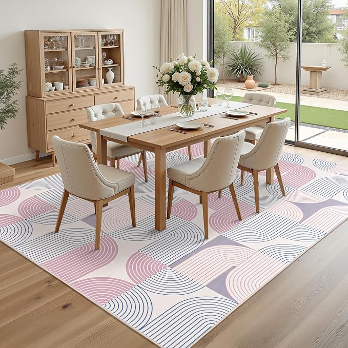 Living Room Rugs 4x6, Washable Modern Geometric Mid Century Rug for Bedroom, Soft Non-Slip Indoor Floor Boho Abstract Carpet for Dining Room Nursery Home, Pink/Purple