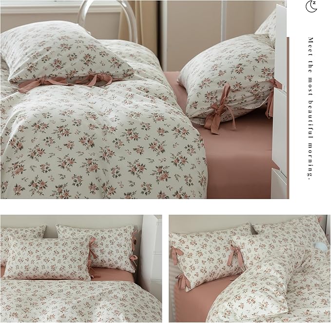 Vintage Garden Floral White Comforter Set Full Pink Flower Green Leaves Bedding Comforter Fluffy Pink Floral Cottagecore Bedding Set with 2 Bow Ties Pillowcases Botanical Comforter Set for All Season