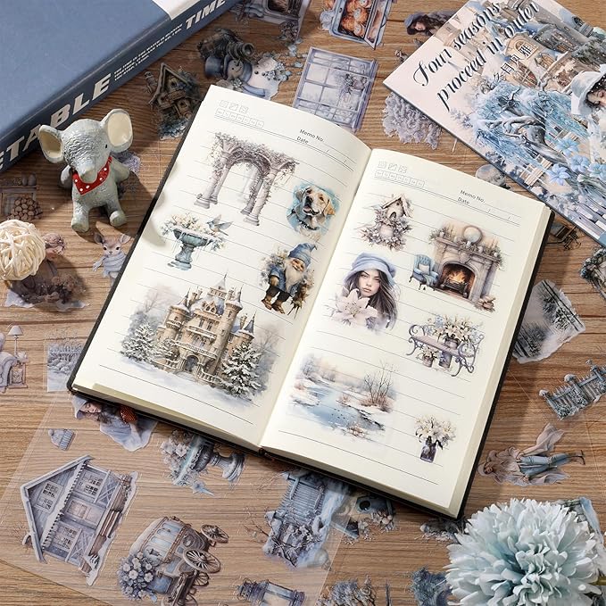 Auguro PET 20 Sheets 120 Pre-Cut Winter Stickers for Scrapbooking People Landscape Stickers Scrapbook Supplies Transparent Sticker for journaling