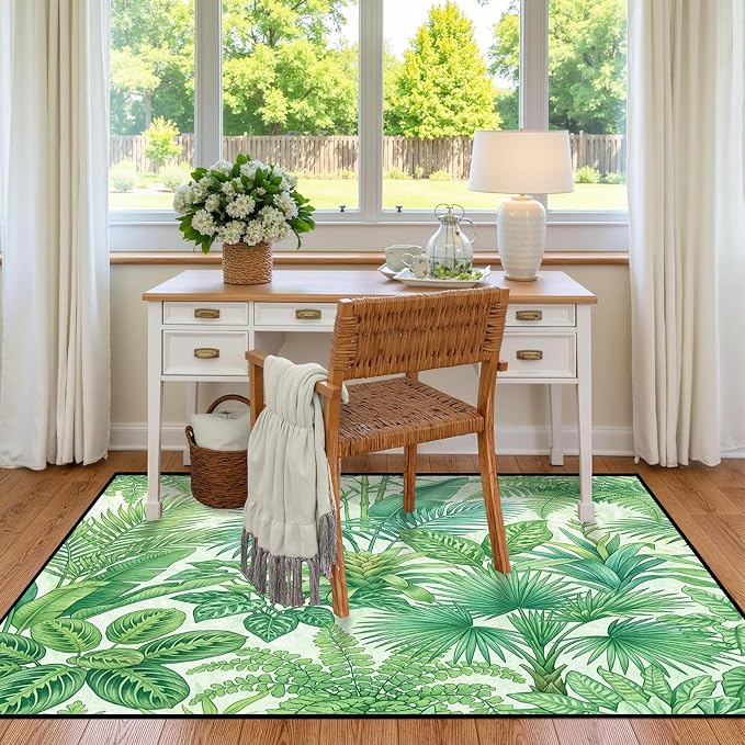 Tropical Leaves Area Rug 2'x3' Green Botanical Palm Fern Leaf Rug Non Slip Washable Indoor Floor Mat for Entryway Bedroom Living Room Nursery Kitchen Playroom Home Decor