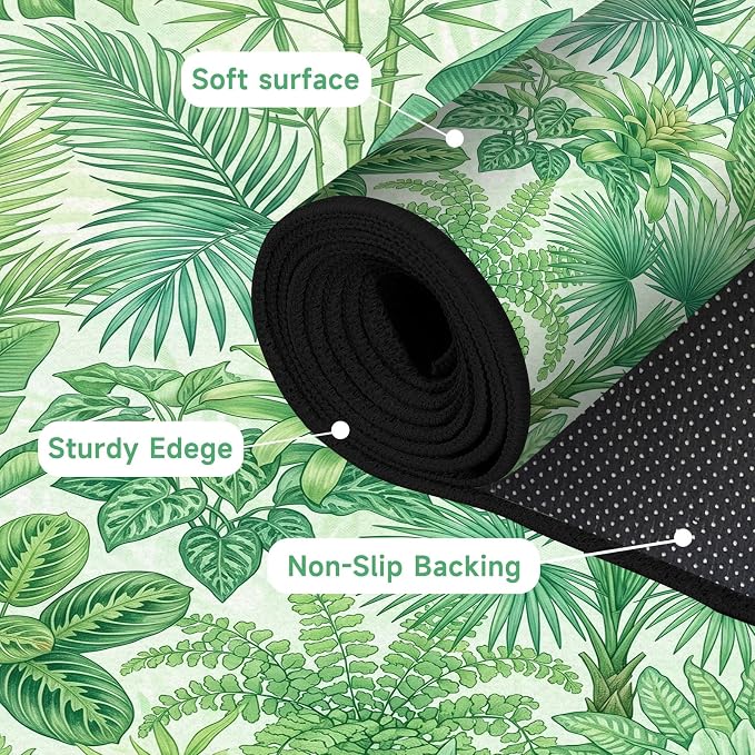 Tropical Leaves Area Rug 4'x6' Green Botanical Palm Fern Leaf Rug Non Slip Washable Indoor Floor Mat for Bedroom Living Room Nursery Kitchen Playroom Home Decor