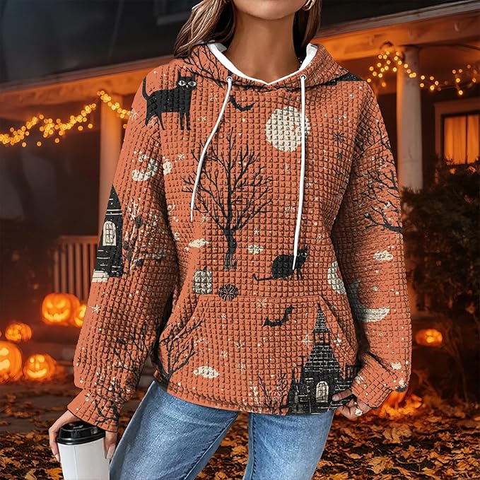 Halloween Sweatshirts for Women Novelty Graphic Drawstring Waffle Hoodies Loose Casual Pullover Tops with Pocket