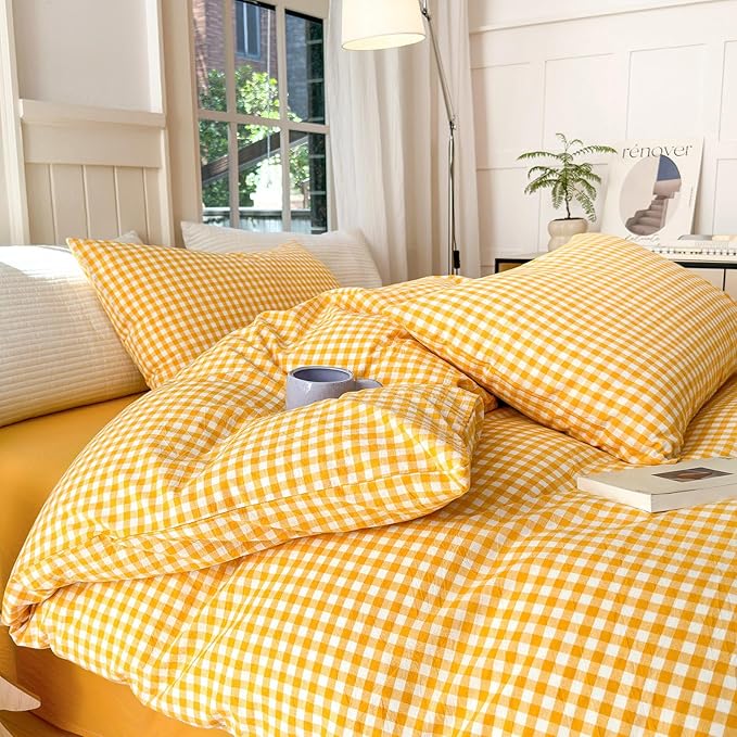 LifeTB Yellow Gingham Comforter King Comforter Set Geometric Checkered Plaid Bedding Comforter with 2 Pillowcases Fluffy Soft Lightweight Bedding Boho Grid Plaid Comforter Set King for All Seasons