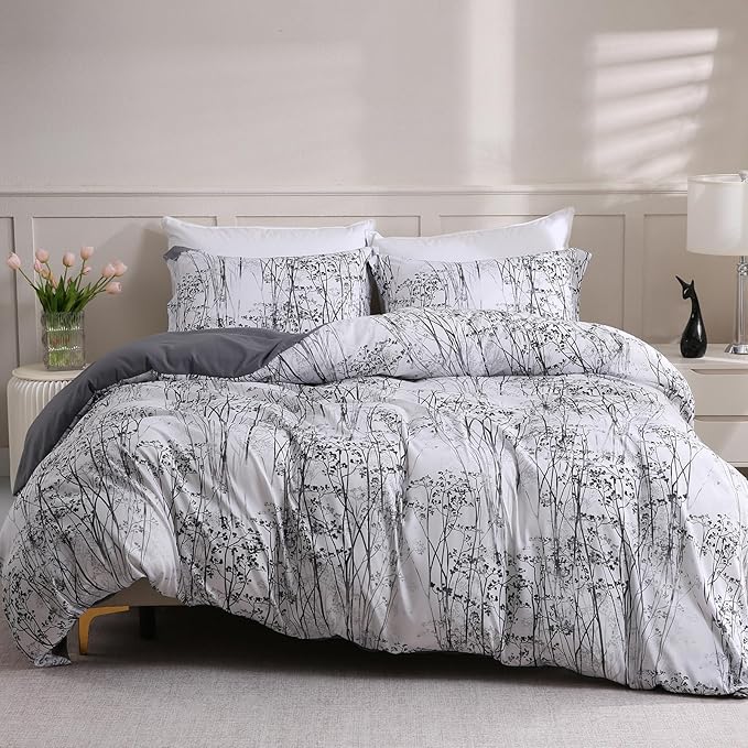 LONAVA King Botaincal 3 Pcs Duvet Cover Set, Breathable Soft Microfiber Deep Grey Lining Comforter Cover with Zipper Closure, and 2 Anti-Pilling, Fade Resistant Pillowcases, Winter Forest