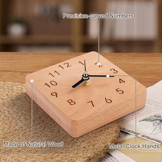 Kattepote Wooden Table Clock on Stand, Decorative Battery Operated Desk and Shelf Clock, Silent Non-Ticking Desktop Clock for Office, Living Room or Bedroom Decor, Square Shape, Beech Wood