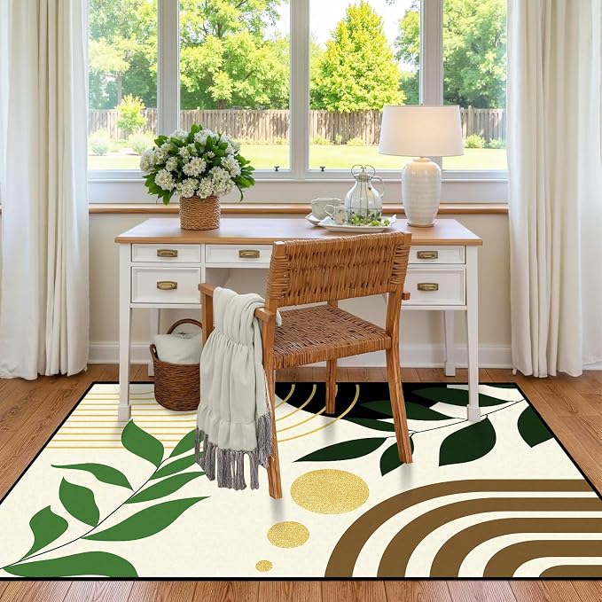 Modern Abstract Rug Geometric Area Rug Boho Green Leaf Floor Mat Soft Washable Carpet for Bedroom Living Room Kitchen Nursery Playroom Home Decor 5'x7'