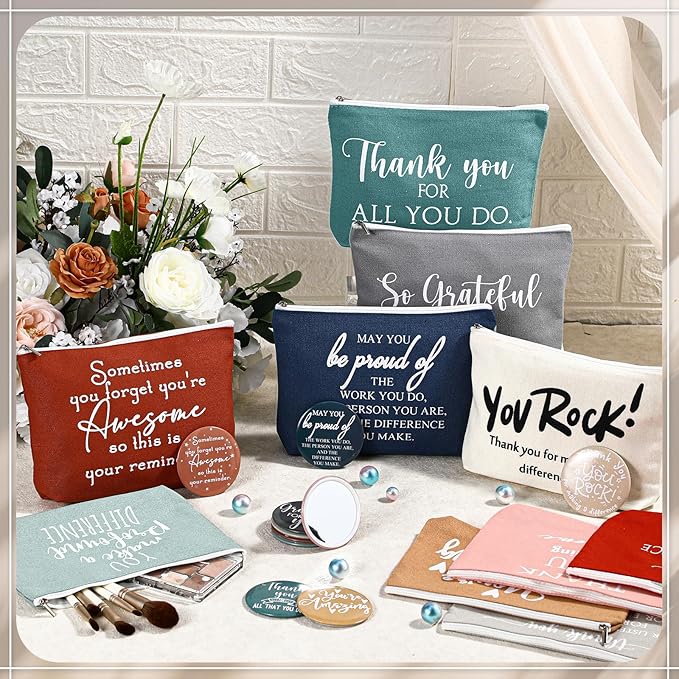 20 Pcs Employee Appreciation Gifts For Women Inspirational Canvas Makeup Bags Portable Compact Mirror Bulk Cosmetic Bags Thank You Gifts for Social Worker Coworkers (Praise,Vintage)