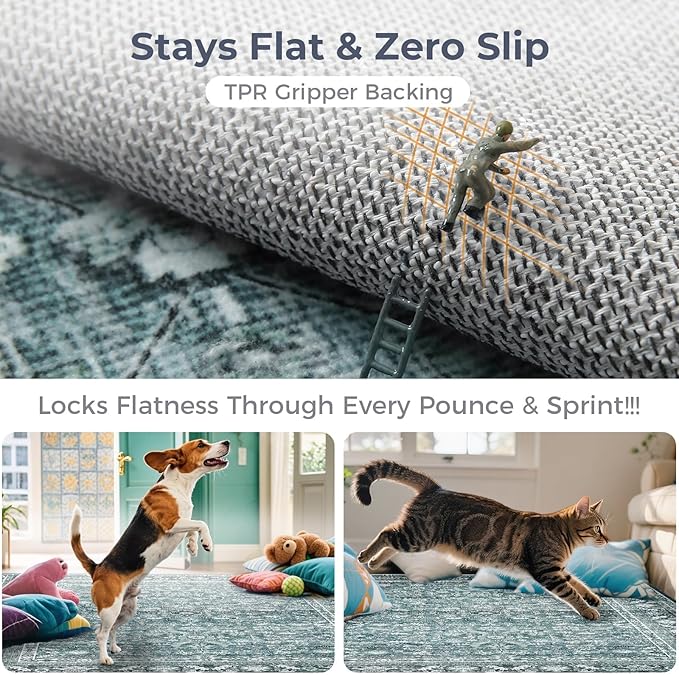 OPPODREAM Vintage Teal Area Rugs 8x10, 8 x 10 Retro Washable Rug Non Slip, Low-Pile Faux Wool Carpet, Distressed Floor Mat for Living Room, Bedroom, Office, Dorm, Dinning Room, Big & Large
