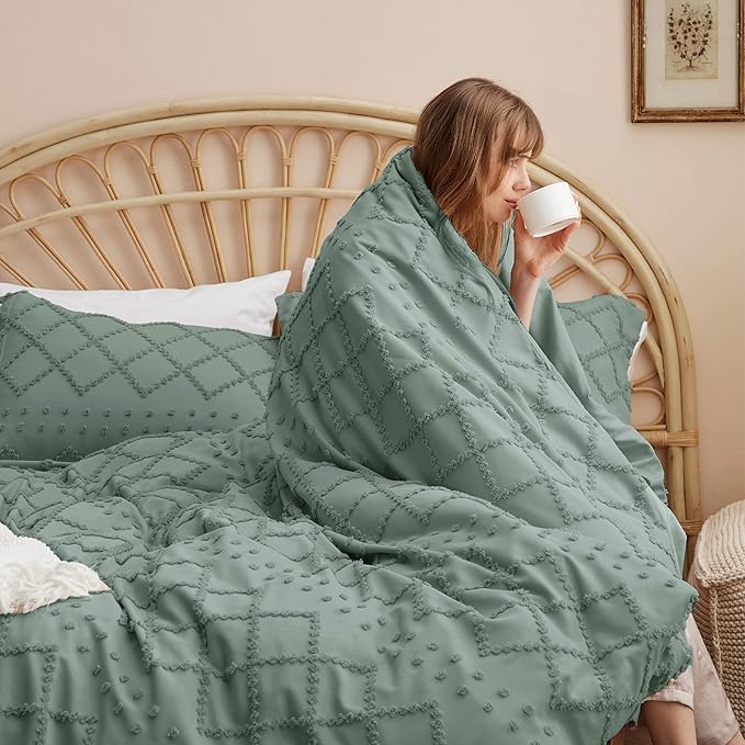 Bedsure Boho Duvet Cover Full Size - Green Breathable & Soft Boho Bedding, Machine Washable Comforter Cover for All Seasons, Includes 1 Duvet Cover 80"x90" with 2 Pillow Shams & Zipper Closure