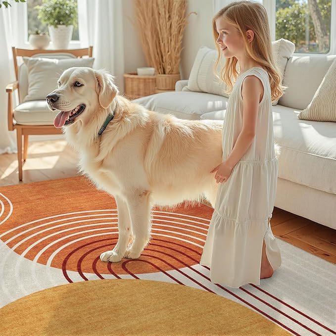 DCX Abstract Machine Washable 3x5 Rug, Mid Century Modern Rug for Living Room, Soft Low Pile Non Slip Carpet, Kid & Pet Friendly Stain Resistant Rug for Bedroom Dining Room Office, Orange & Yellow