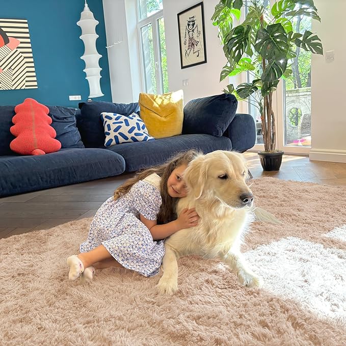 OLANLY 9x9 Machine Washable Large Area Rugs for Living Room, Bedroom, Soft Fluffy Shaggy Bedside Rug, Indoor Floor Carpet for Kids Girls and Boys, Dorms, Nursery, Home Decor Aesthetic, Beige