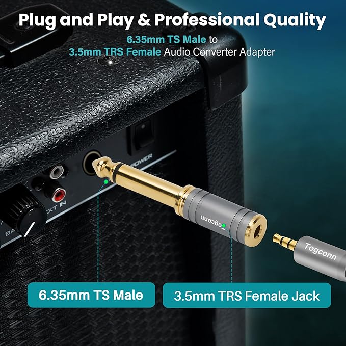6.35mm 1/4 Inch to 3.5mm 1/8 Inch Adapter 2 Pack, 6.35mm Quarter Inch TS Mono Male to 3.5mm TRS Female Stereo Jack Plug Audio Converter Connector Premium Quality Series for Speaker, Headphone, Guitar