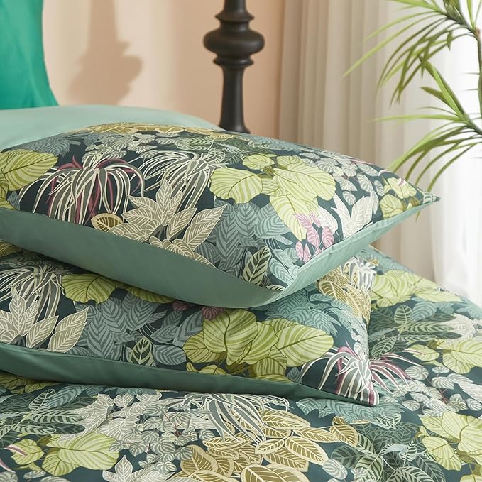 HighBuy Vintage Leaves Duvet Cover Twin Dark Green Boho Botanical Bedding Sets Country Style Green Comforter Cover with 2 Pillowcases Cozy Cotton Cottagecore Chic Farmhouse Bedroom Collection Twin