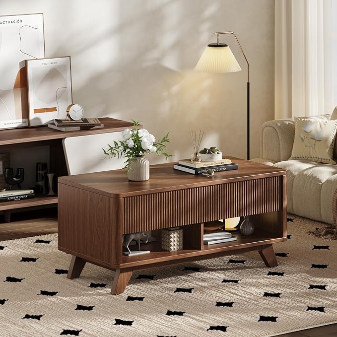ONBRILL Farmhouse Lift Top Coffee Table, Mid Century Modern Coffee Table with Hidden Storage Compartment, Fluted Rising Pull up Wood Modern Center for Living Room, Office, Walnut