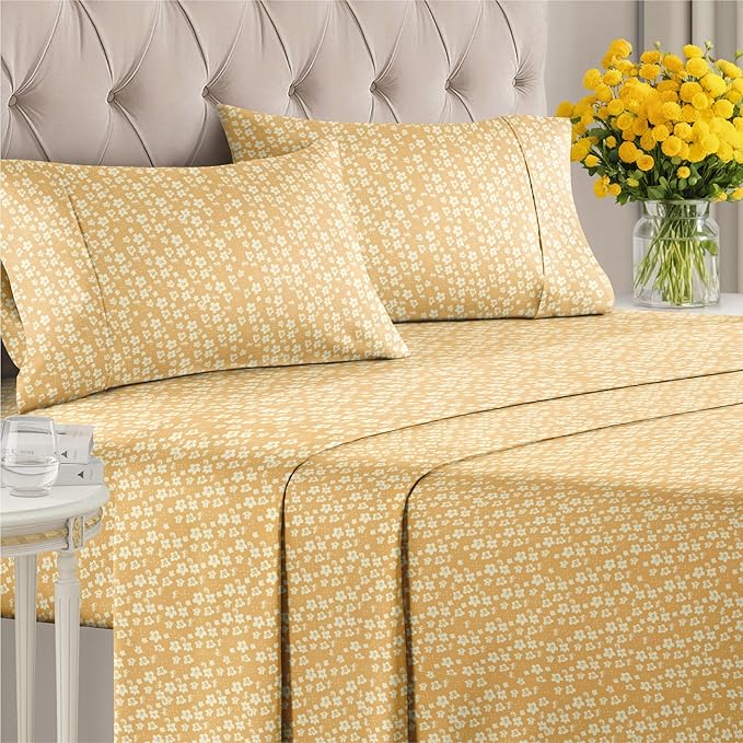 Floral Sheets - Yellow Floral Bed Sheet Set - 1 Flat, 1 Fitted & 2 Pillowcases w/ Deep Pockets - Wrinkle & Fade Free - Boho Botanical Bedding - Ultra-Soft, Breathable and Cooling - Cal King Size Set