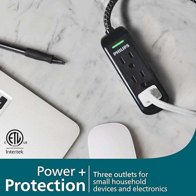 Philips 3-Outlet Grounded Extension Cord, 8 Ft Indoor with Surge Protection, Flat Plug Surge Protector Power Strip, 300 Joules, UL Listed, Black, SPC3434BB/37
