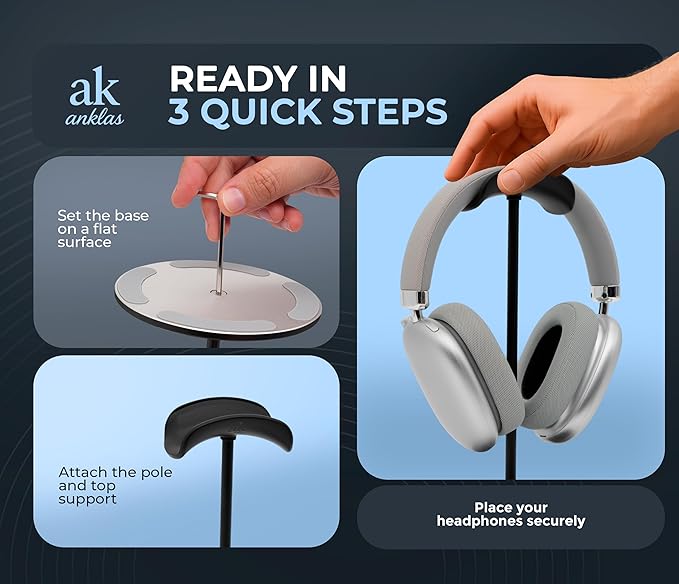 ak anklas Headphone Stand for Desk – Premium & Minimalist Headset Holder with Round or Oval Base for Gaming, Office & Home (Black, Standard)