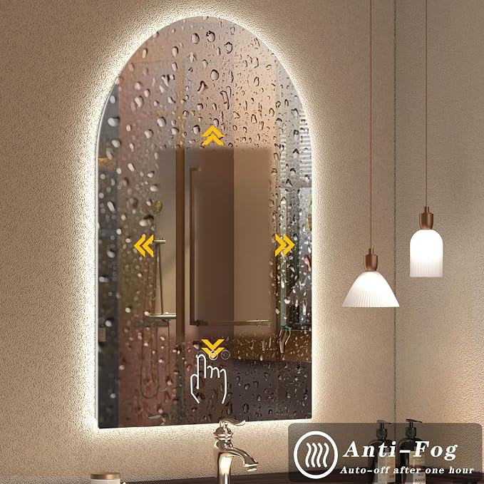 Backlit Arched LED Bathroom Mirror 26x36 Inch, Dimmable LED Vanity Mirror with Lights, Anti-Fog, 3 Colors, Memory, ETL Listed