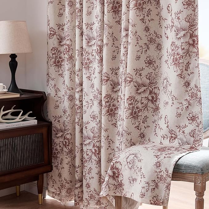 jinchan Blackout Floral Curtains Linen Blend Curtain for Living Room 90 Inch Length Christmas Brick Red Flower Printed Drapes for Bedroom Rod Pocket Back Tab Farmhouse Curtains Set 2 Panels