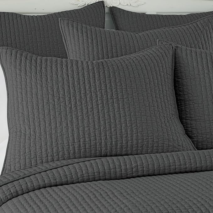 Levtex Home Cross Stitch Reversible Twin Bedspread Set (84x104in) with 1 Pillow Sham (26x20in) - Stitch Texture - Charcoal - Cotton Twin Size Bedspread Set - Lightweight, Soft, Pre-Washed