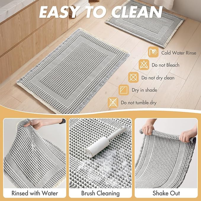 MIULEE Set of 2 Waffle Bathroom Rugs, Boho Bath Rug Super Absorbent, Non Slip Washable Ultra Soft Rubber Backed Shower Bath Mats for Floor, Tub, Shower, Looped Design, Lightgrey & Cream, 17x24 Inch
