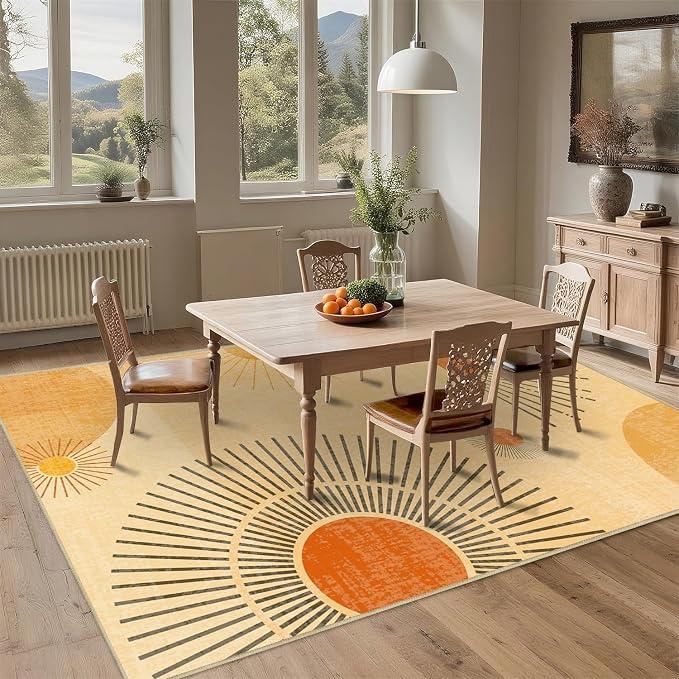 Large Area Rug 5x7 Sun Rug Living Room Mid Century Modern Rugs Machine Washable Boho Geometric Rug Non Slip Printed Low Pile Indoor Floor Carpet for Dining Room Bedroom Office,Yellow