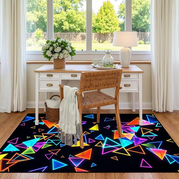 Triangle Area Rug 2'x3' Blacklight Glow in The Dark Geometric Rug Non-Slip Washable Colorful Neon Light Floor Mat for Entryway Bedroom Living Room Nursery Kitchen Playroom Home Decor