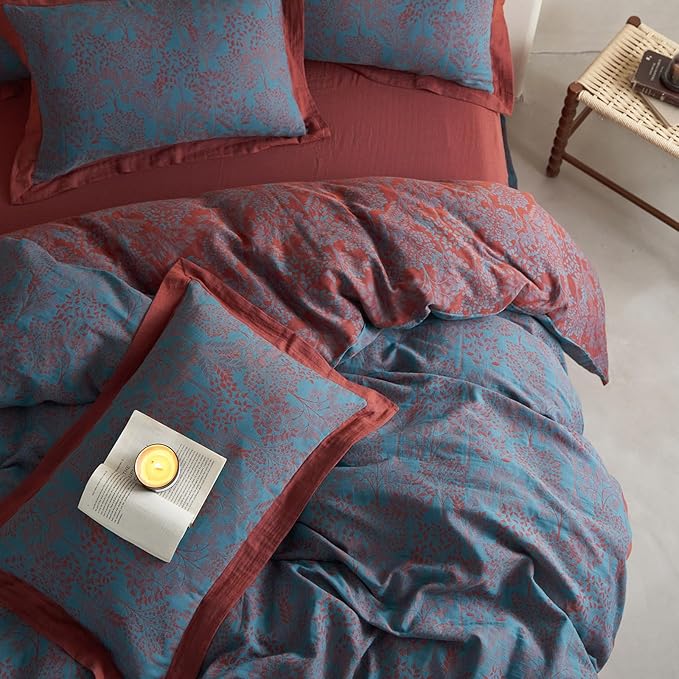 Vintage Blue Floral Duvet Cover Twin XL Size Forest Theme Jacquard Bedding Set Linen Cotton Yarn-Dyed Textured Duvet Cover Burgundy Reversible Tree Leaves Botanical Duvet Cover with Zipper Closure