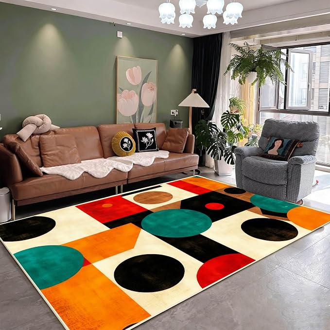 Geometric Rug, Mid Century Modern Rug, Abstract Colorful Geometric Rugs, Washable Non-Slip Soft Low Pile Vintage Abstract Carpet for Living Room, Bedroom (6' x 10'(Rectangular))