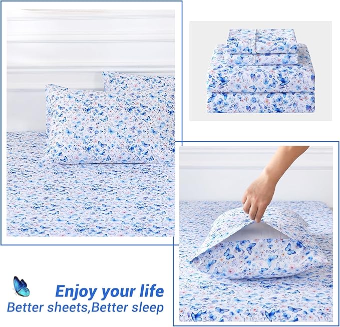 Softan Full Floral Sheets, Microfiber Blue Flower Printed Fitted Sheets with Non-Slip Corner Straps and 15" Deep Pocket, Butterfly Patterned Cozy Bed Sheets Double Sheets & Pillowcase Sets