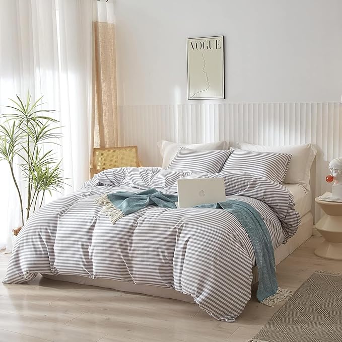 LifeTB Grey Striped Comforter Set Full Modern Style Stripes Pattern Comforter for Men Boy Teen Geometric Grey White Stripe Printed Boho Bedding Comforter for All Season Fluffy Soft Full Comforter Set